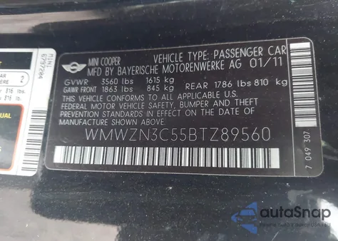 2011 Mini Cooper из США, поврежденный, VIN WMWZN3C55BTZ89560